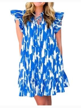 Blue and White Ruffle-Sleeve Shift Dress